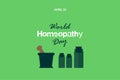 Happy homeopathy medical liquid bottleÃÂ  character Design. World Homeopathy day Vector illustration. Creative social media post